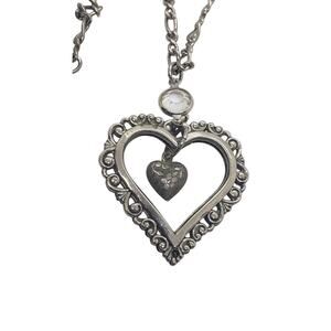 Vintage Puffy Heart Necklace Silver Filigree Ornate Openwork Swarovski Crystal